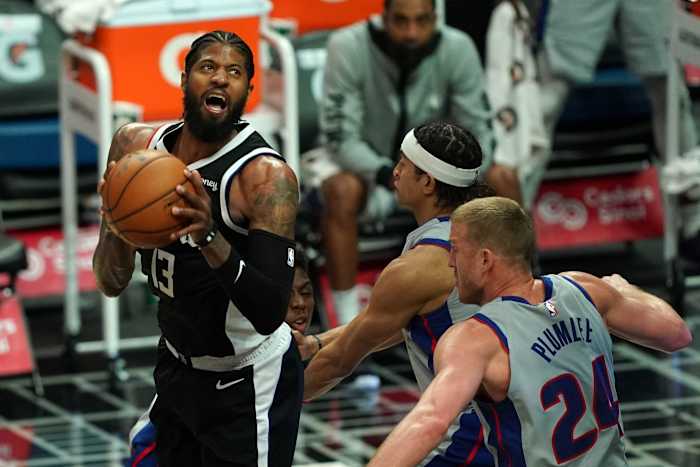 Apr 11, 2021; Los Angeles, California, USA; LA Clippers guard Paul George (13) shoots the ball against Detroit Pistons center Mason Plumlee (24) in the second half at Staples Center. Mandatory Credit: Kirby Lee-USA TODAY Sports
